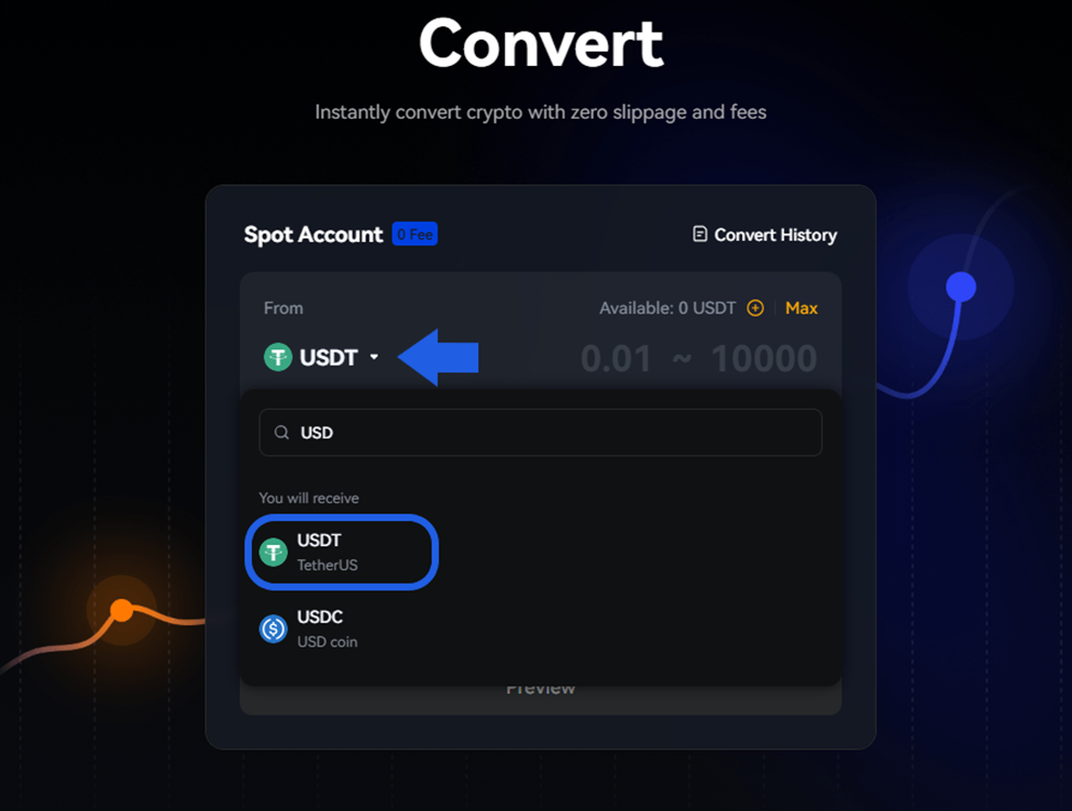 تبدیل تتر به ارز دیجیتال در Toobit